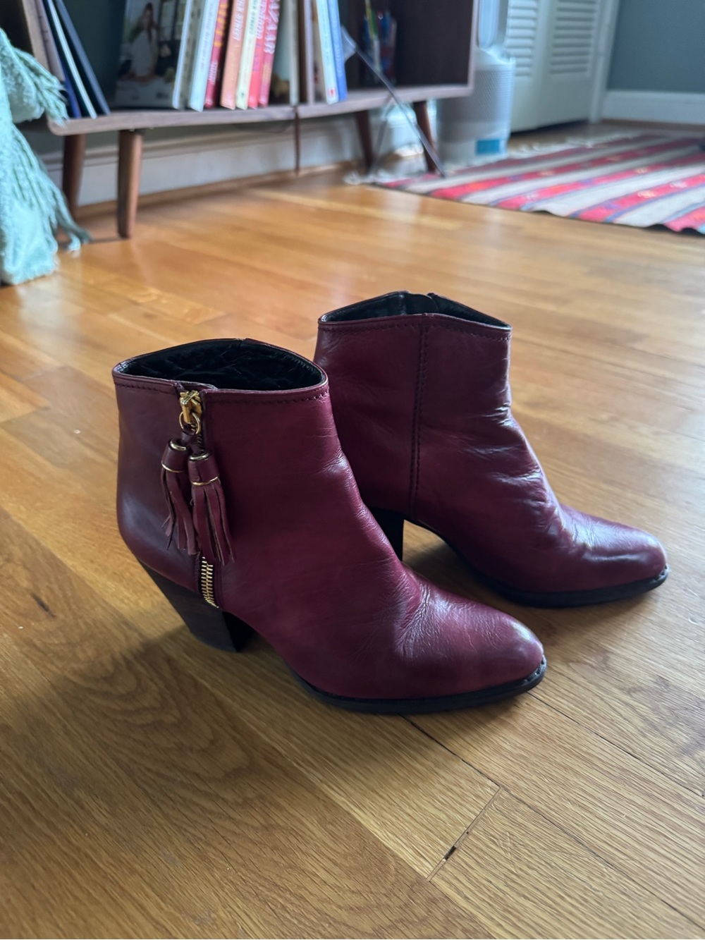 Stuart Weitzman Burgundy Leather Tassel Ankle Booties